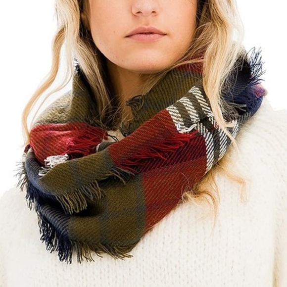 Lydiane Accessories - Lydiane Olive Plaid Fringed Infinity Scarf